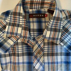 ROPER Men's‎ shimmer snap short sleeve shirt M Western snap Plaid Rodeo